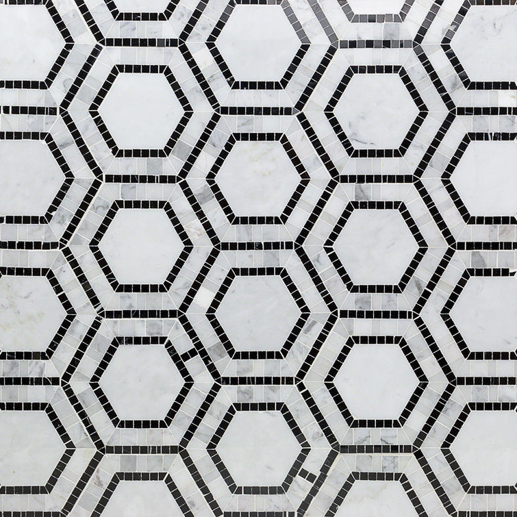 Carrara White and Black Marble Hexagon Mosaic Tile