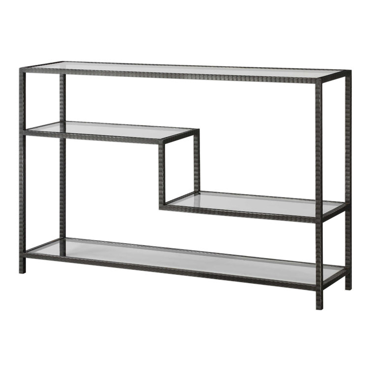 Industrial Gunmetal Gray Iron and Glass Console Table with Storage