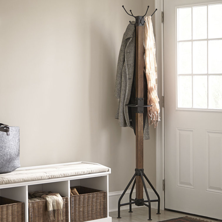 Transitional White Solid Wood & Iron 8-Hook Coat Rack