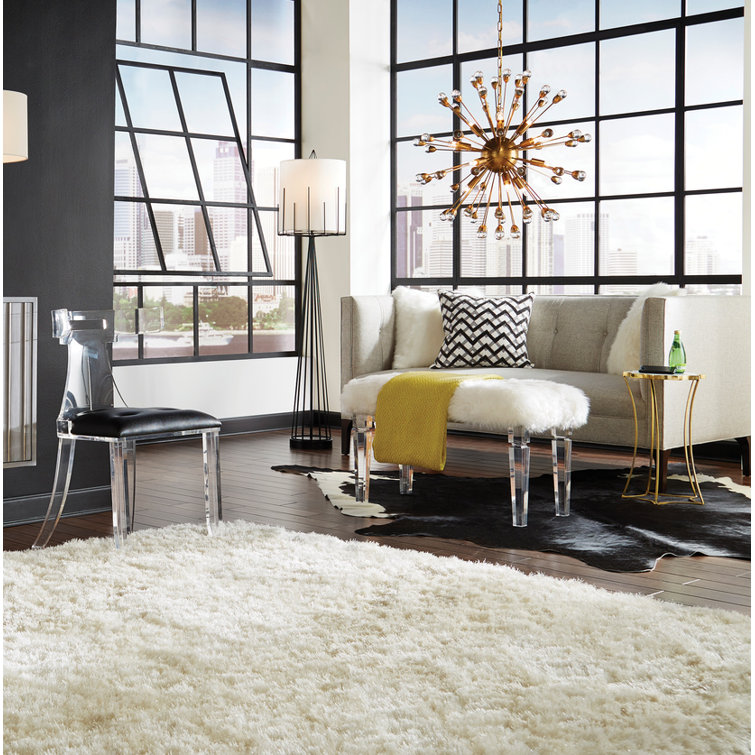 White Faux Fur and Acrylic Upholstered Bench, 32"