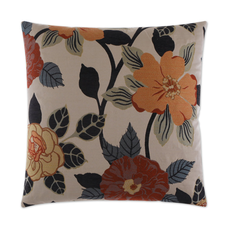 Vibrant Floral Embroidered Cotton and Polyester Accent Pillow