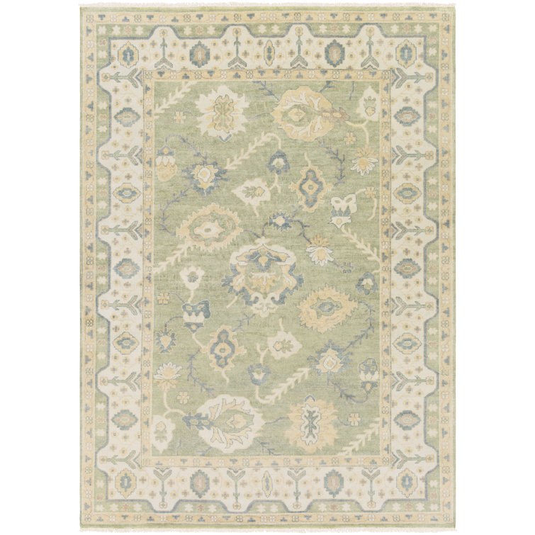 Ivory and Olive Hand-Knotted Wool Rectangular Rug