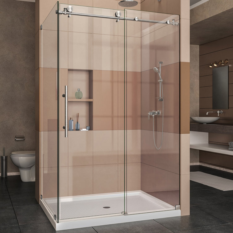 Enigma-X Frameless Clear Glass Sliding Shower Enclosure with Polished Stainless Steel Hardware