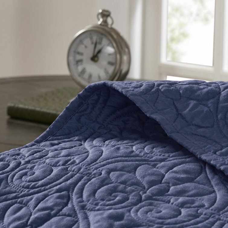 Navy King-Size Reversible Microfiber Bedspread Set with Classic Stitch
