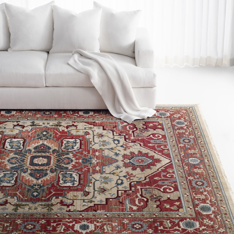 Lauren-Inspired Red Beige Hand-Knotted 8' x 10' Synthetic Area Rug