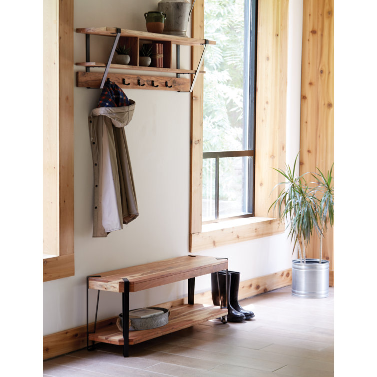 Ryegate Natural Acacia Wood Wall Shelf with Black Metal Hooks