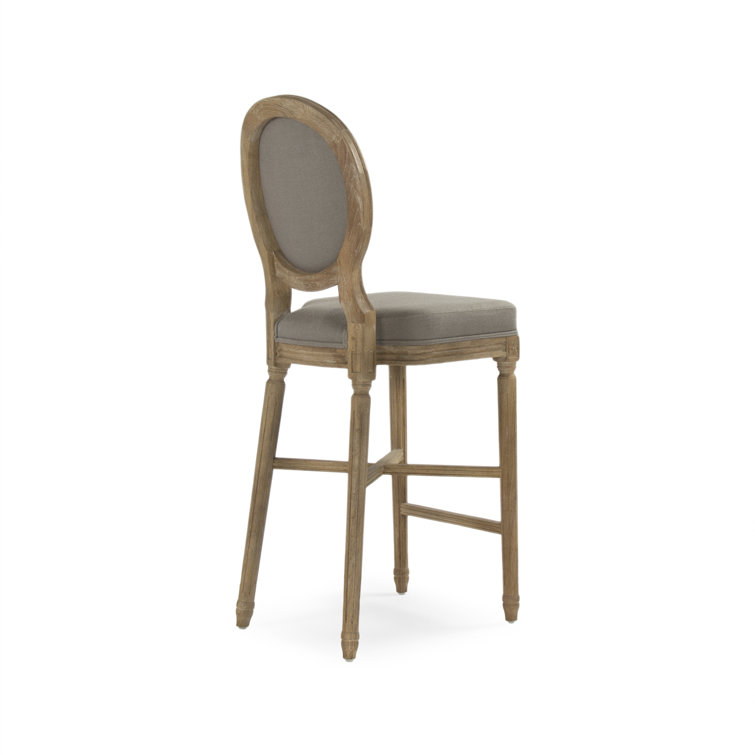 Limed Grey Oak and Birch Wood Medallion Bar Stool in Grey Linen