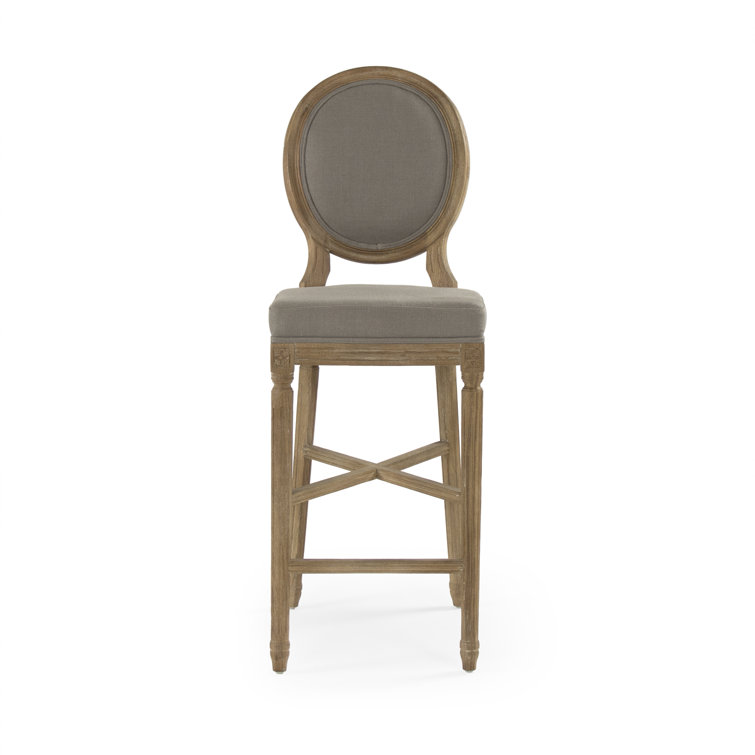 Limed Grey Oak and Birch Wood Medallion Bar Stool in Grey Linen