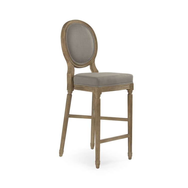 Limed Grey Oak and Birch Wood Medallion Bar Stool in Grey Linen