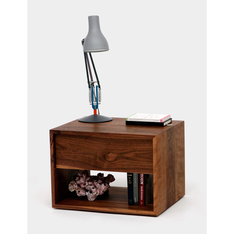 Walnut Solid Wood Nightstand with Drawer and Shelf