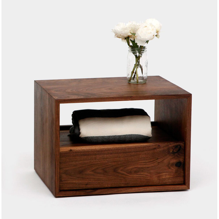 Walnut Solid Wood Nightstand with Drawer and Shelf