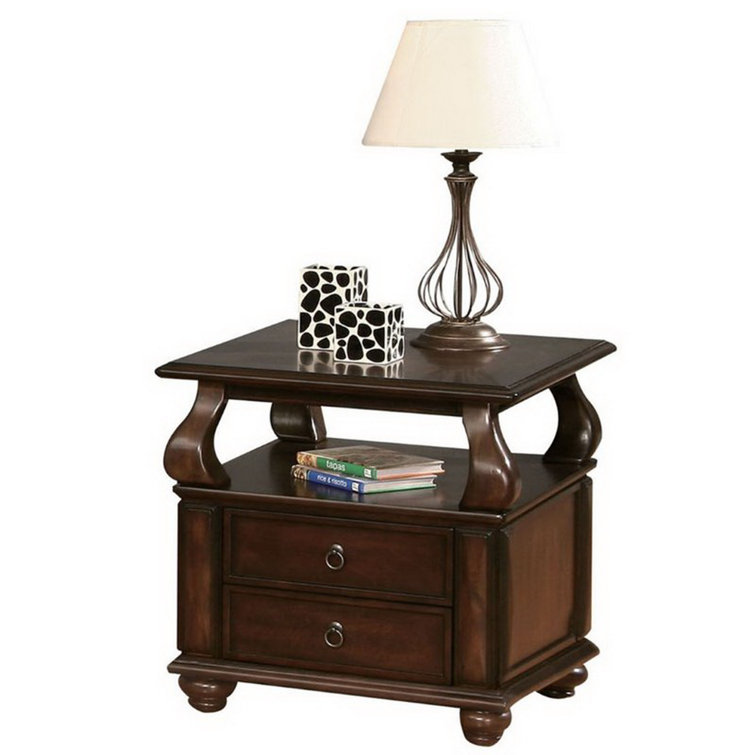 Walnut Round Wooden End Table with Storage and Bun Legs