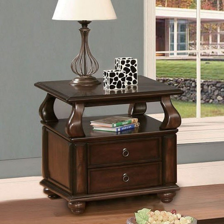 Walnut Round Wooden End Table with Storage and Bun Legs
