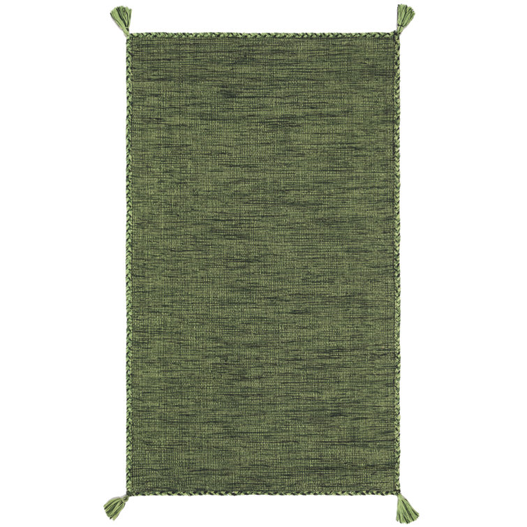 Handmade Green and Black Cotton Flat Woven Reversible Rug, 2' x 3'