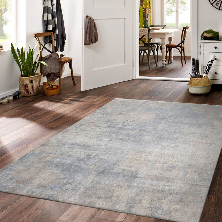 Handmade Blue and Silver Abstract Silk 6' x 9' Rug