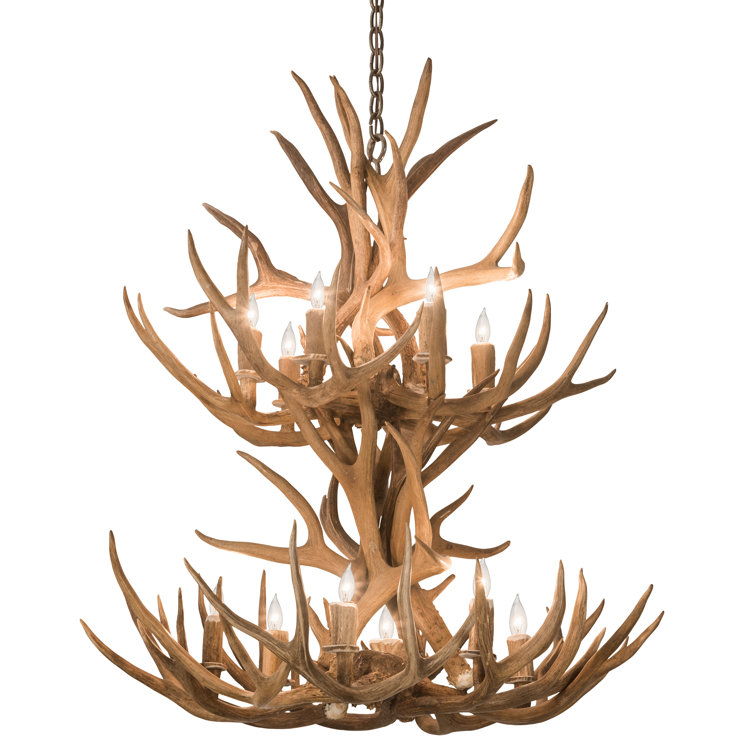 Antique Copper 12-Light Antler Chandelier with Faux Candlelights