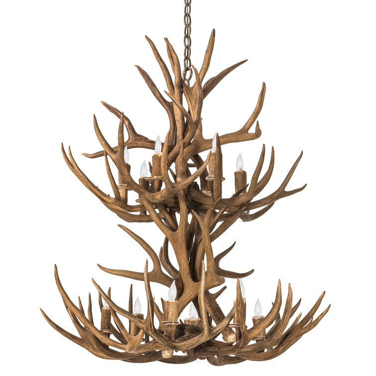 Antique Copper 12-Light Antler Chandelier with Faux Candlelights