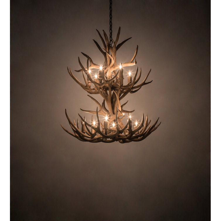 Antique Copper 12-Light Antler Chandelier with Faux Candlelights