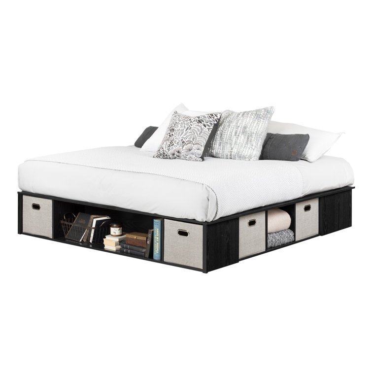 King Black Oak Platform Bed with Storage Baskets