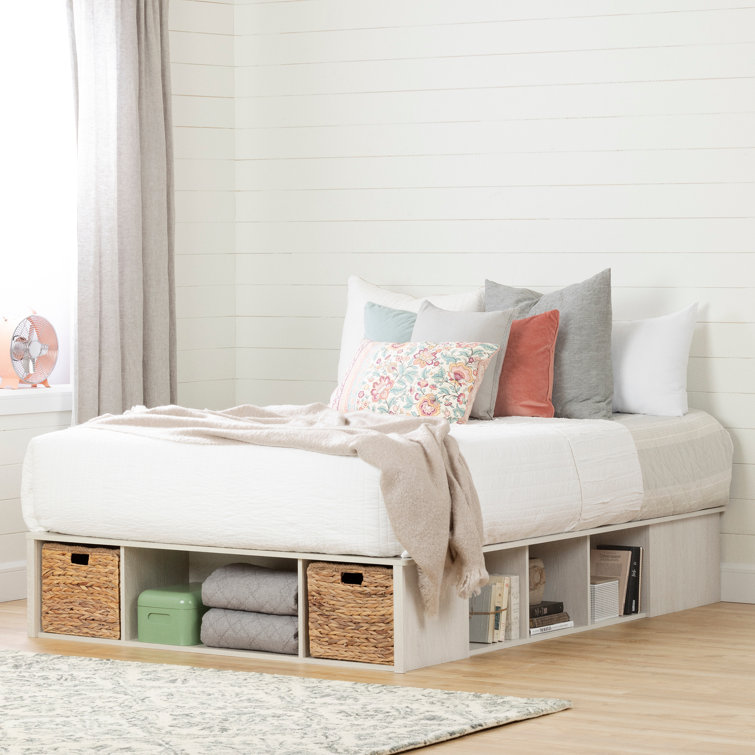 Winter Oak Queen Storage Platform Bed with Wicker Baskets