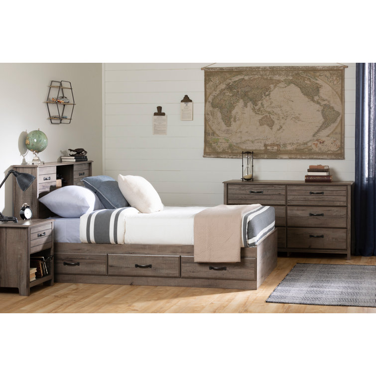 Twin Fall Oak Wood Frame Platform Bed with 3 Storage Drawers