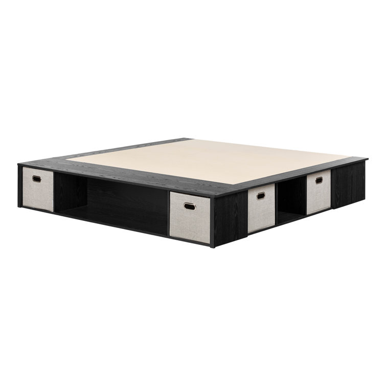King Black Oak Platform Bed with Storage Baskets