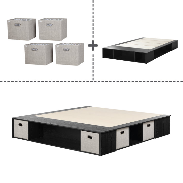 King Black Oak Platform Bed with Storage Baskets