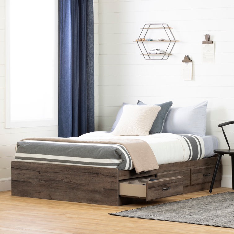 Full Fall Oak Engineered Wood Platform Bed with Storage Drawers