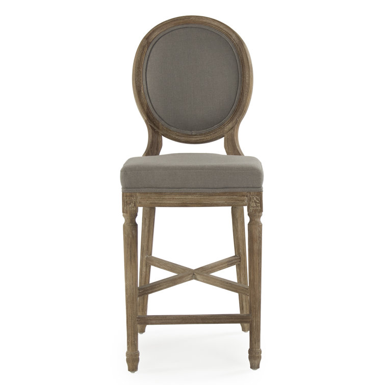 Gray Linen and Limed Oak Round Back Counter Stool