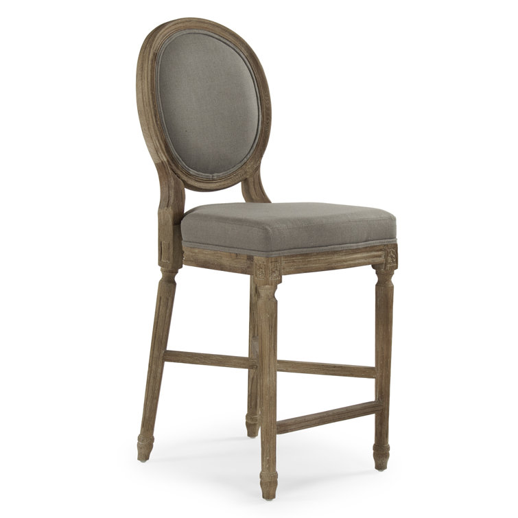 Gray Linen and Limed Oak Round Back Counter Stool