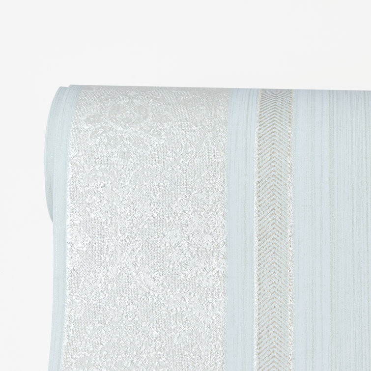 Mint and Pale Gold Damask Striped Vinyl Wallpaper