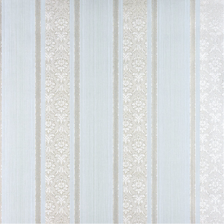 Mint and Pale Gold Damask Striped Vinyl Wallpaper