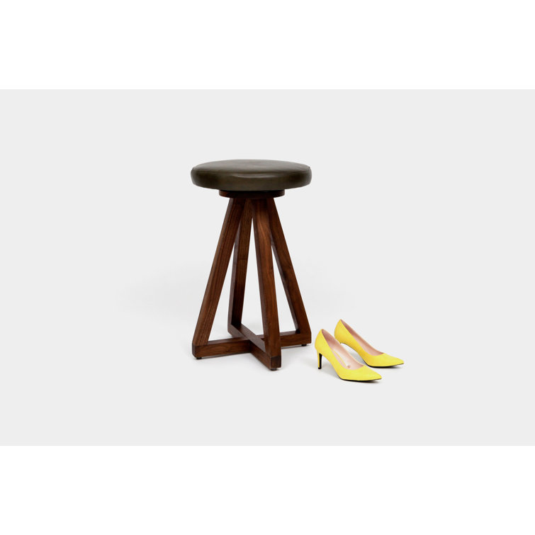 Platonic Olive Leather & Walnut Wood Swivel Saddle Stool