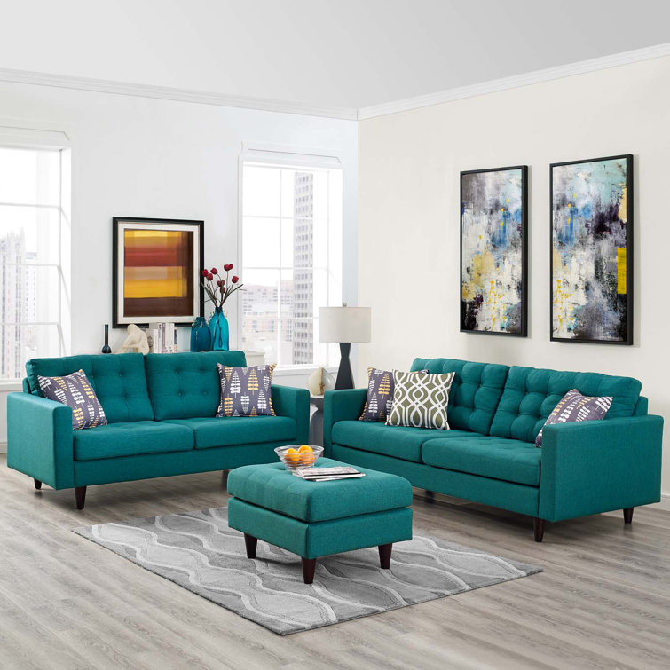 Teal Tufted Fabric 3-Piece Sofa, Loveseat, and Armchair Set