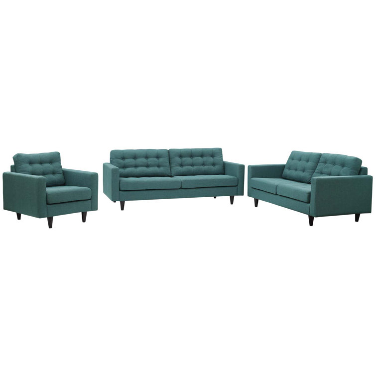 Teal Tufted Fabric 3-Piece Sofa, Loveseat, and Armchair Set