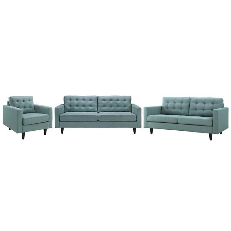 Laguna Green Tufted Fabric Sofa, Loveseat, and Armchair Set