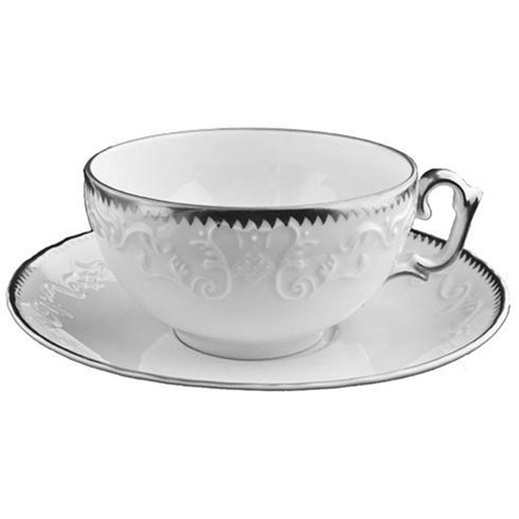 Elegant White Ceramic Teacup with Platinum Detailing and Saucer