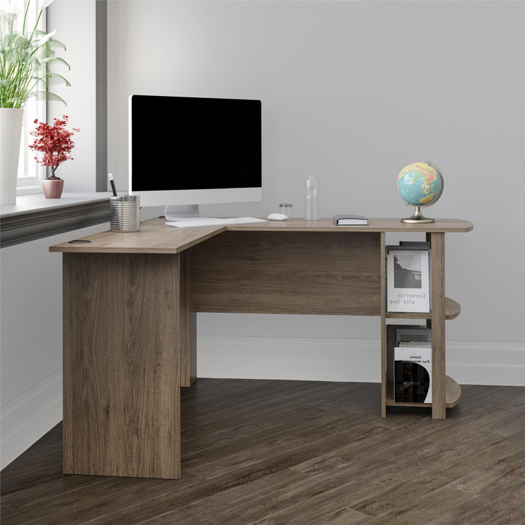 Rustic Oak L-Shaped Computer Desk with Shelves
