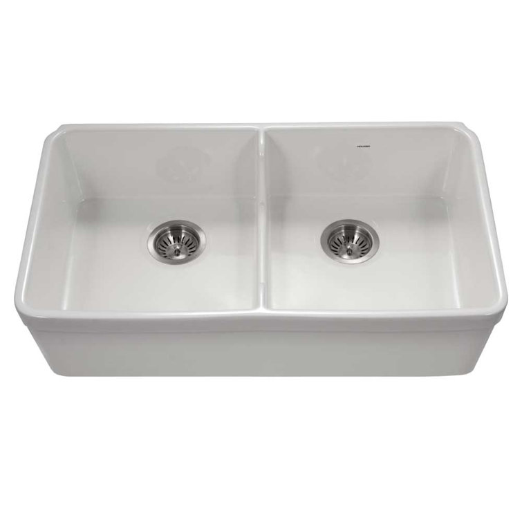 White Glossy Fireclay Double Bowl Farmhouse Sink