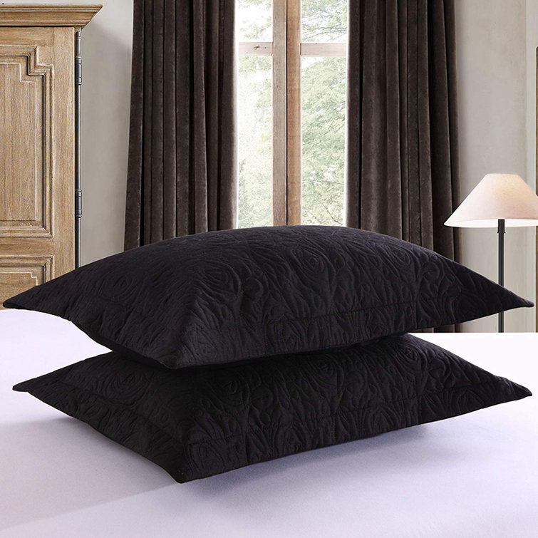 Black Embroidered Cotton Polyester Standard Pillow Shams