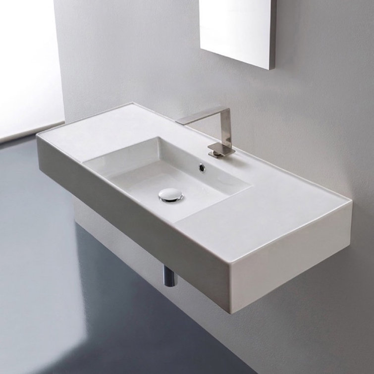 Glossy White Ceramic Wall-Mount Vessel Sink with Overflow