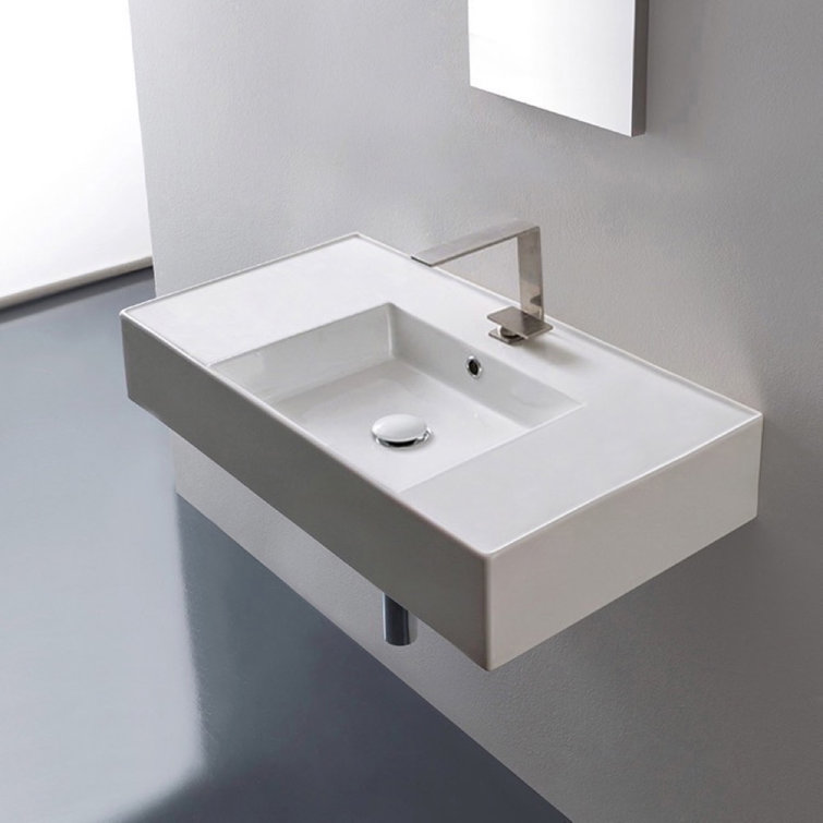 Glossy White Ceramic Rectangular Wall-Mount Bathroom Sink