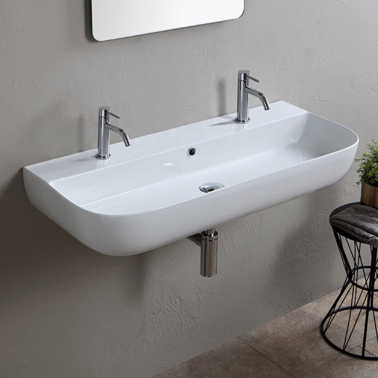 Glossy White Ceramic Wall-Mount Rectangular Bathroom Sink