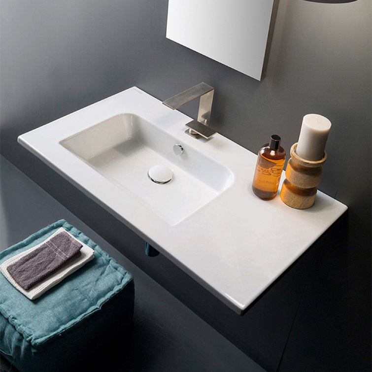 Glossy White Ceramic Rectangular Wall-Mounted Bathroom Sink