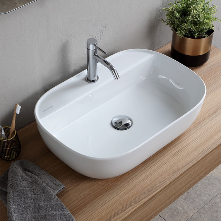 White Ceramic Oval Vessel Bathroom Sink with Overflow
