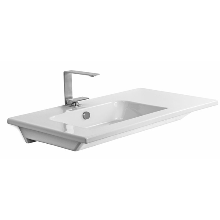 Glossy White Ceramic Rectangular Wall-Mounted Bathroom Sink