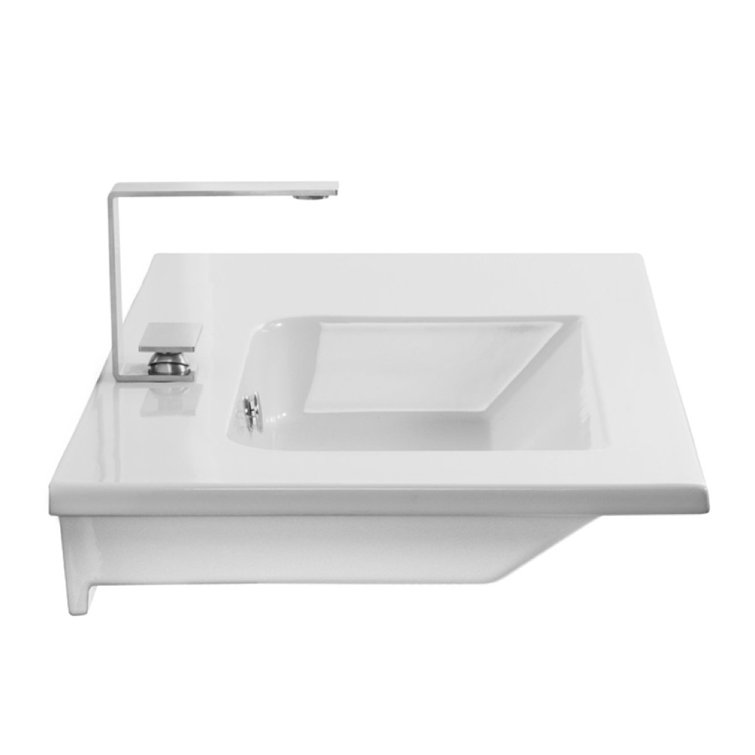 Glossy White Ceramic Rectangular Wall-Mounted Bathroom Sink