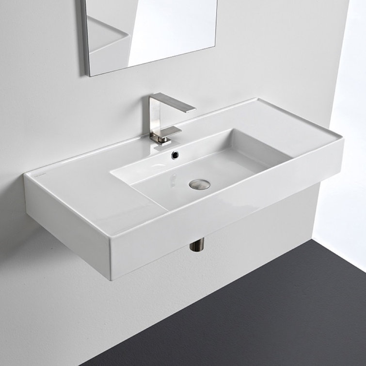 Glossy White Ceramic Wall-Mount Vessel Sink with Overflow