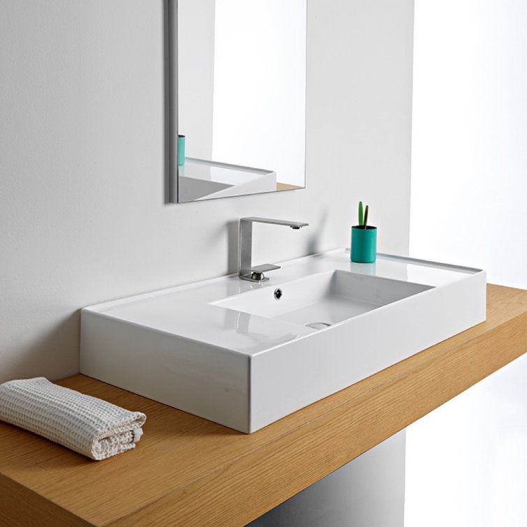 Glossy White Ceramic Wall-Mount Vessel Sink with Overflow