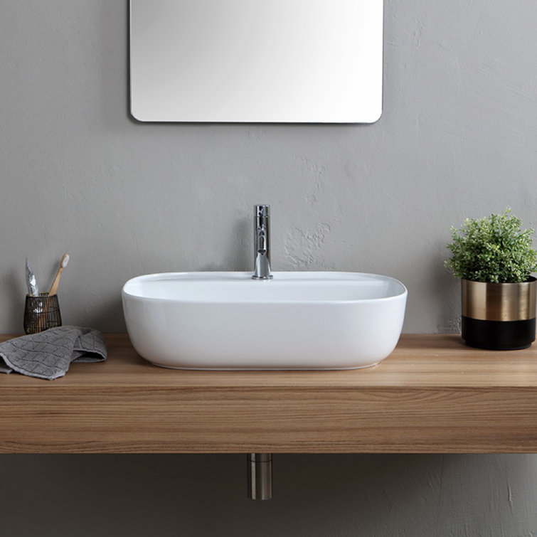White Ceramic Oval Vessel Bathroom Sink with Overflow